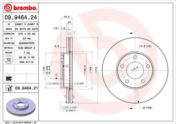 Brembo 09.9464.21 - Bromsskiva xdelar.se