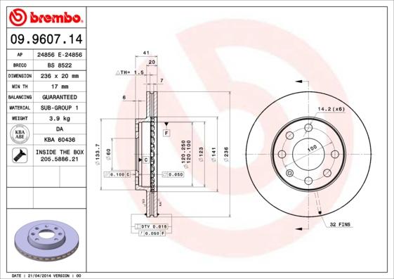 Brembo 09.9607.14 - Bromsskiva xdelar.se