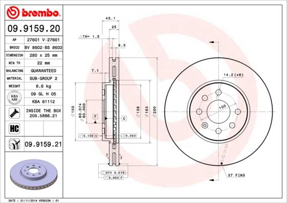 Brembo 09.9159.21 - Bromsskiva xdelar.se