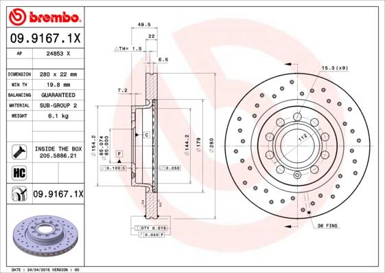 Brembo 09.9167.1X - Bromsskiva xdelar.se