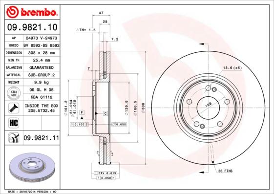 Brembo 09.9821.11 - Bromsskiva xdelar.se