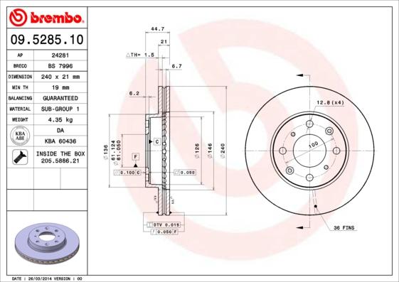 Brembo 09.5285.11 - Bromsskiva xdelar.se