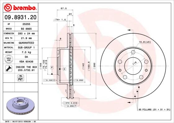 Brembo 09.8931.21 - Bromsskiva xdelar.se