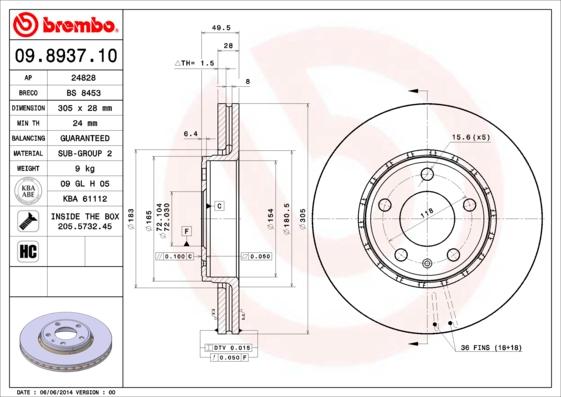 Brembo 09.8937.11 - Bromsskiva xdelar.se