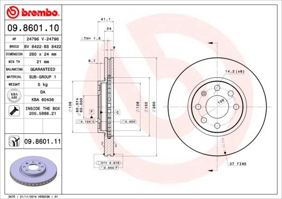 Brembo 09.8601.11 - Bromsskiva xdelar.se