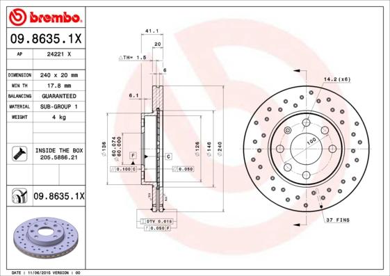 Brembo 09.8635.1X - Bromsskiva xdelar.se