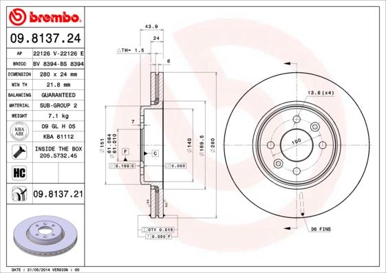 Brembo 09.8137.21 - Bromsskiva xdelar.se