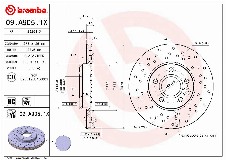 Brembo 09.A905.1X - Bromsskiva xdelar.se