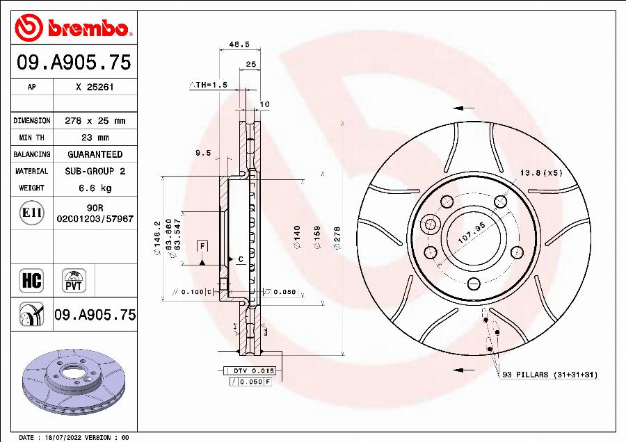 Brembo 09.A905.75 - Bromsskiva xdelar.se