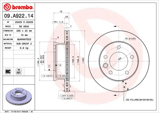 Brembo 09.A922.14 - Bromsskiva xdelar.se