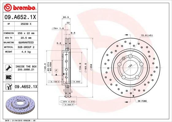 Brembo 09.A652.1X - Bromsskiva xdelar.se