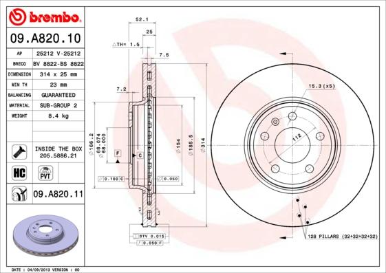 Brembo 09.A820.11 - Bromsskiva xdelar.se