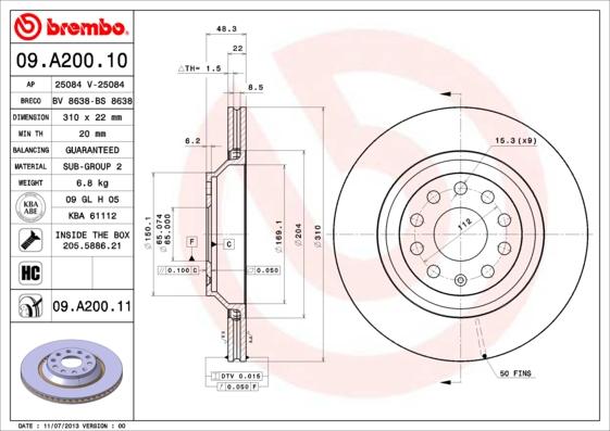 Brembo 09.A200.11 - Bromsskiva xdelar.se