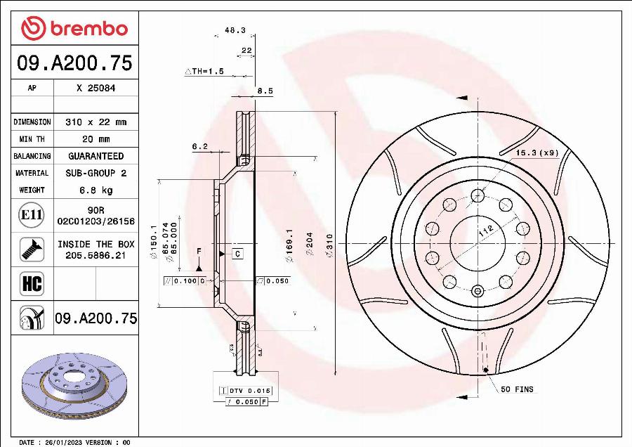 Brembo 09.A200.75 - Bromsskiva xdelar.se