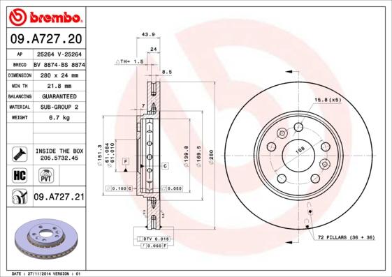 Brembo 09.A727.21 - Bromsskiva xdelar.se