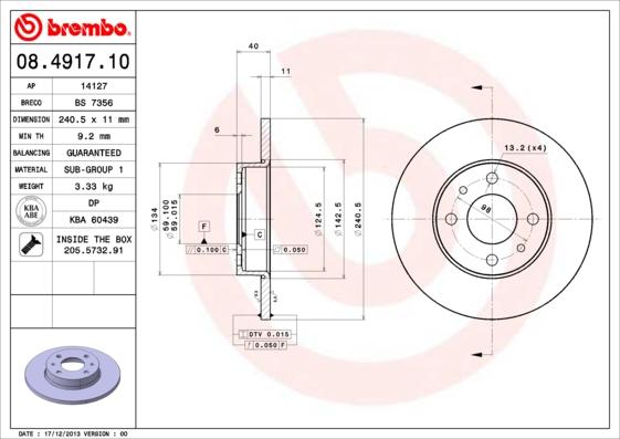 Brembo 08.4917.10 - Bromsskiva xdelar.se