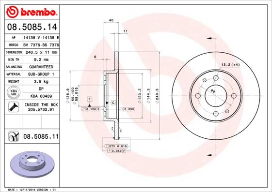 Brembo 08.5085.11 - Bromsskiva xdelar.se