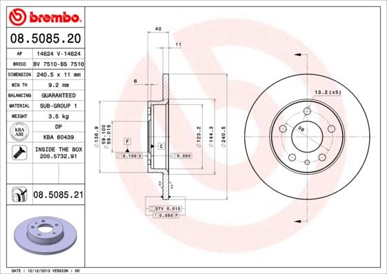 Brembo 08.5085.21 - Bromsskiva xdelar.se