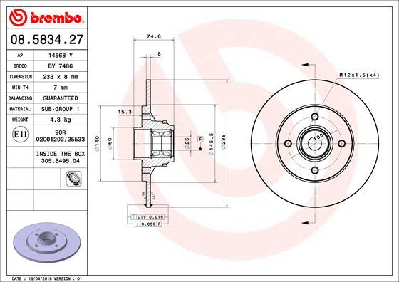 Brembo 08.5834.27 - Bromsskiva xdelar.se