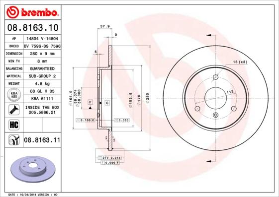 Brembo 08.8163.11 - Bromsskiva xdelar.se