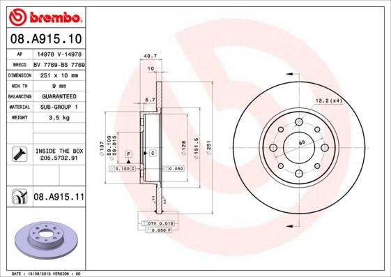 Brembo 08.A915.11 - Bromsskiva xdelar.se