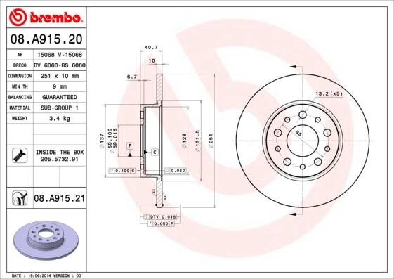 Brembo 08.A915.21 - Bromsskiva xdelar.se