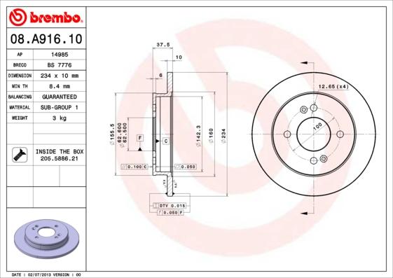 Brembo 08.A916.10 - Bromsskiva xdelar.se