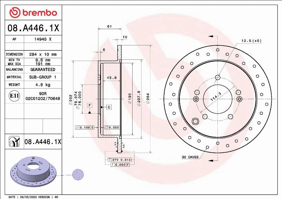 Brembo 08.A446.1X - Bromsskiva xdelar.se