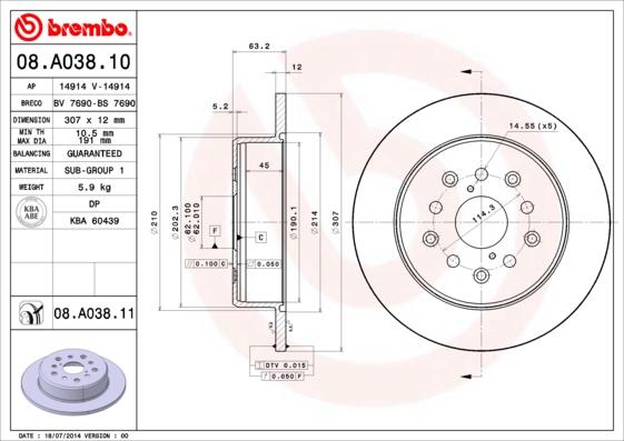 Brembo 08.A038.11 - Bromsskiva xdelar.se