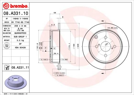 Brembo 08.A331.11 - Bromsskiva xdelar.se