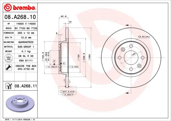 Brembo 08.A268.11 - Bromsskiva xdelar.se