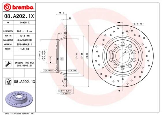 Brembo 08.A202.1X - Bromsskiva xdelar.se