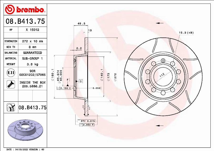 Brembo 08.B413.75 - Bromsskiva xdelar.se