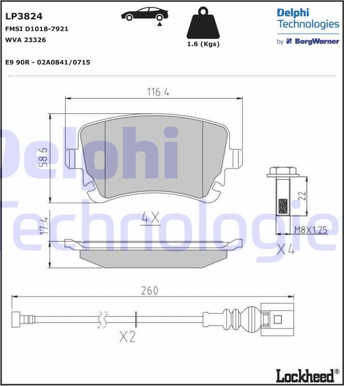 Delphi LP3824 - Bromsbeläggssats, skivbroms xdelar.se