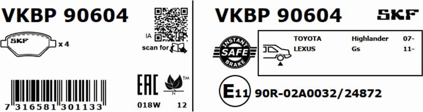 SKF VKBP 90604 - Bromsbeläggssats, skivbroms xdelar.se