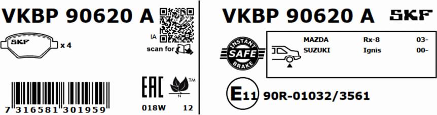 SKF VKBP 90620 A - Bromsbeläggssats, skivbroms xdelar.se