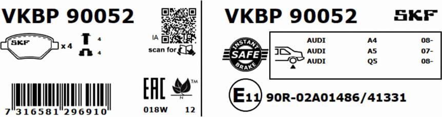 SKF VKBP 90052 - Bromsbeläggssats, skivbroms xdelar.se