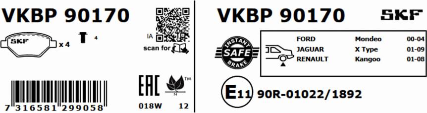 SKF VKBP 90170 - Bromsbeläggssats, skivbroms xdelar.se