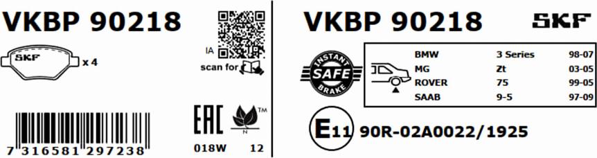 SKF VKBP 90218 - Bromsbeläggssats, skivbroms xdelar.se