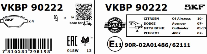 SKF VKBP 90222 - Bromsbeläggssats, skivbroms xdelar.se