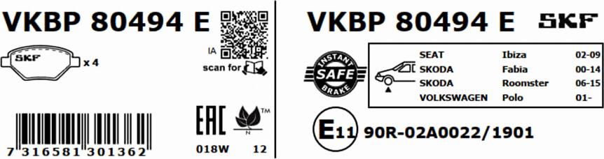 SKF VKBP 80494 E - Bromsbeläggssats, skivbroms xdelar.se