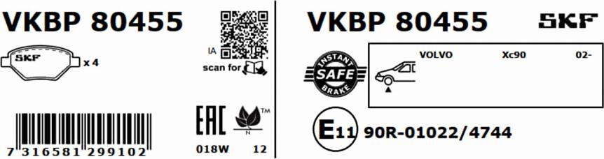 SKF VKBP 80455 - Bromsbeläggssats, skivbroms xdelar.se