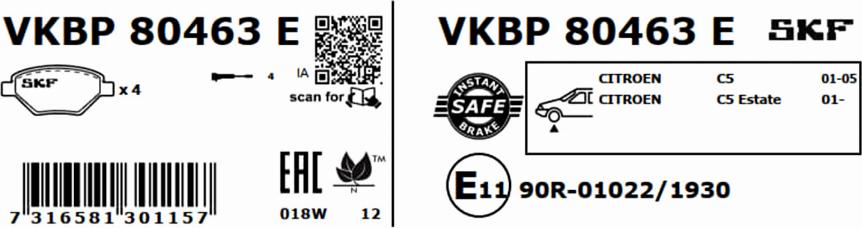 SKF VKBP 80463 E - Bromsbeläggssats, skivbroms xdelar.se