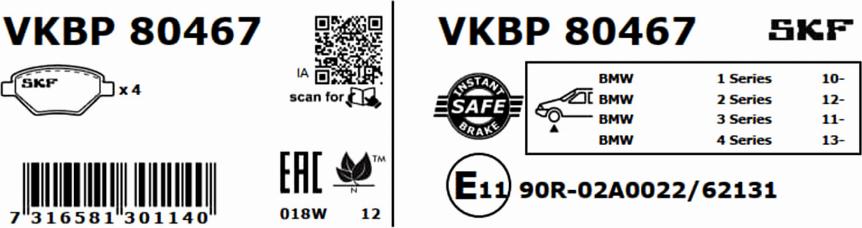 SKF VKBP 80467 - Bromsbeläggssats, skivbroms xdelar.se