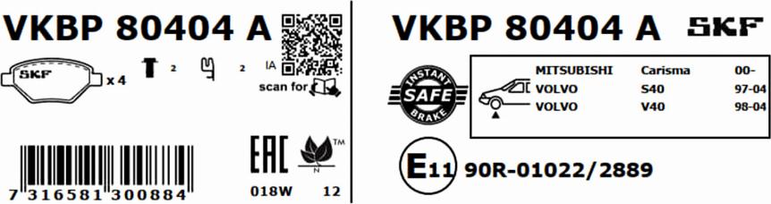 SKF VKBP 80404 A - Bromsbeläggssats, skivbroms xdelar.se