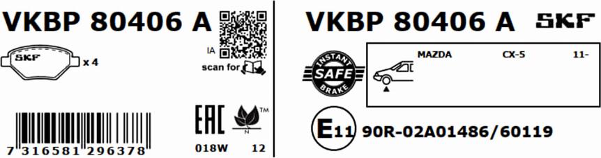 SKF VKBP 80406 A - Bromsbeläggssats, skivbroms xdelar.se