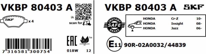 SKF VKBP 80403 A - Bromsbeläggssats, skivbroms xdelar.se