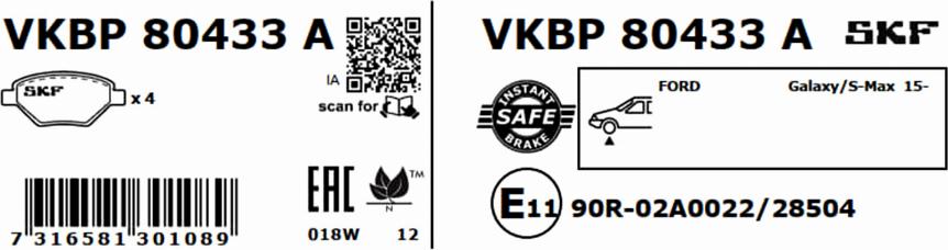 SKF VKBP 80433 A - Bromsbeläggssats, skivbroms xdelar.se