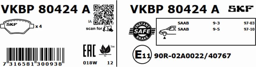 SKF VKBP 80424 A - Bromsbeläggssats, skivbroms xdelar.se