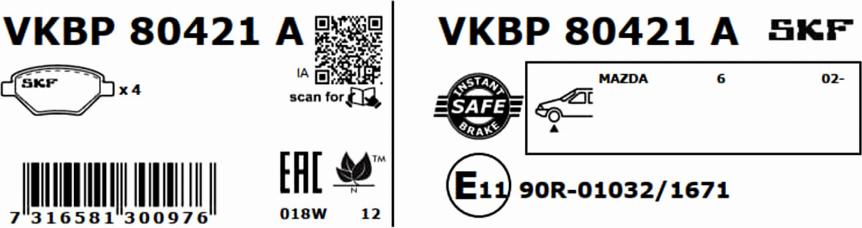 SKF VKBP 80421 A - Bromsbeläggssats, skivbroms xdelar.se